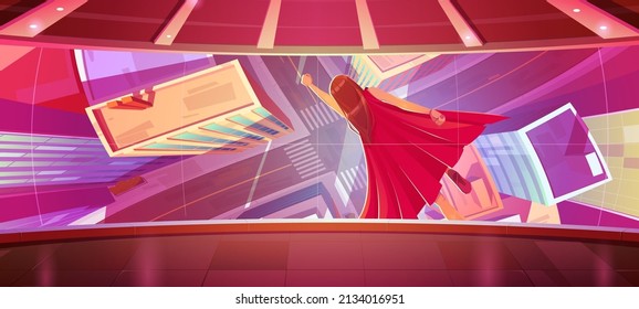 Superwoman flying with raised hand on cinema screen. Cartoon super hero girl in red cape fly in sky above modern city with houses and road top view. Movie about powerful female, Vector illustration