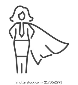 Superwoman Outline Icon. Strong Superhero Girl Wearing Cape. Businesswoman Leader Linear Illustration. Feminism, Girl Power Concept.