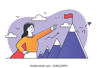 Superwoman sets goals. Young girl points to flag on top of mountain. Motivation and leadership, successful entrepreneur. Financial literacy and passive income. Cartoon flat vector illustration