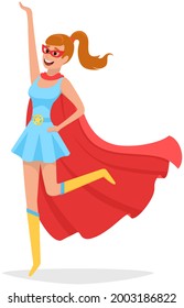 Superwoman smiling, waving hand and has superpowers. Cartoon character in superhero costume with red cloak, mask and emblem stands on white background. Strong person protects people from villains