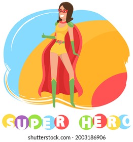 Superwoman smiling, waving hand and has superpowers. Cartoon character in superhero costume with cloak, mask and emblem stands on white background. Strong person protects people from villains