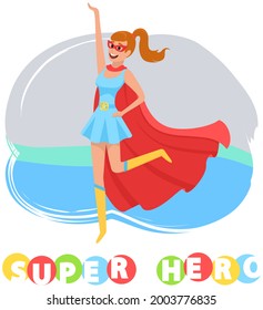 Superwoman smiling, waving hand and has superpowers. Cartoon character in superhero costume with cloak, mask and emblem stands on white background. Strong person protects people from villains