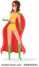 Superwoman smiling, waving hand and has superpowers. Cartoon character in superhero costume with cloak, mask and emblem stands on white background. Strong person protects people from villains