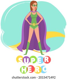 Superwoman smiling, waving hand and has superpowers. Cartoon character in superhero costume with cloak, mask and emblem stands on white background. Strong person protects people from villains