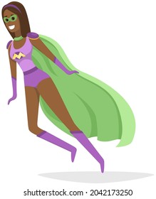 Superwoman smiling, waving hand and has superpowers. Cartoon character in superhero costume with cloak, mask and emblem stands on white background. Strong person protects people from villains