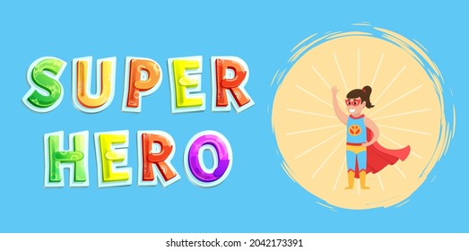 Superwoman smiling, waving hand and has superpowers. Cartoon character in superhero costume with cloak, mask and emblem stands on white background. Strong person protects people from villains