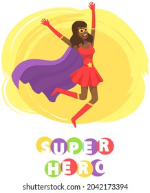 Superwoman smiling, waving hand and has superpowers. Cartoon character in superhero costume with cloak, mask and emblem stands on white background. Strong person protects people from villains