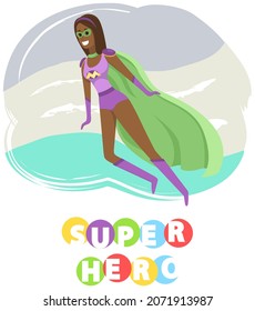 Superwoman smiling, waving hand and has superpowers. Cartoon character in superhero costume with cloak, mask and emblem stands on white background. Strong person protects people from villains
