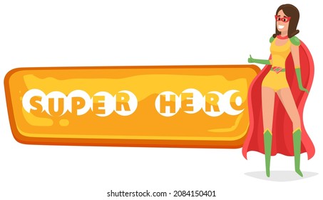 Superwoman smiling, waving hand and has superpowers. Cartoon character in superhero costume with cloak, mask and emblem stands on white background. Strong person protects people from villains