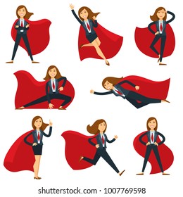 Superwoman or super woman office manager in superhero costume vector flat character icons