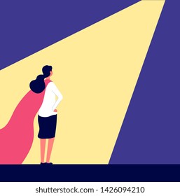 Superwoman. Woman In Red Cape In Spotlight, Candidate Choosing And Talent People Selecting. Career Growth, Recruiting Vector Concept. Illustration Of Business Spotlight, Opportunity For Super Woman