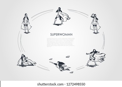 Superwoman - woman in superman costume and on high heels flying, struggling and showing her power vector concept set. Hand drawn sketch isolated illustration