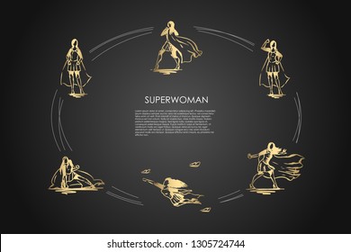 Superwoman - woman in superman costume and on high heels flying, struggling and showing her power vector concept set. Hand drawn sketch isolated illustration