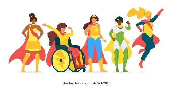 Colección de ilustración vectorial plana superfemenina. Superhéroes femeninas, luchadoras por la igualdad de derechos personajes de caricatura. Señoras valientes y sin miedo. Movimiento internacional del poder de las niñas, trabajo en equipo