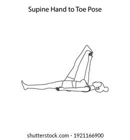 Supine Hand to toe pose yoga workout outline on the white background. Vector illustration