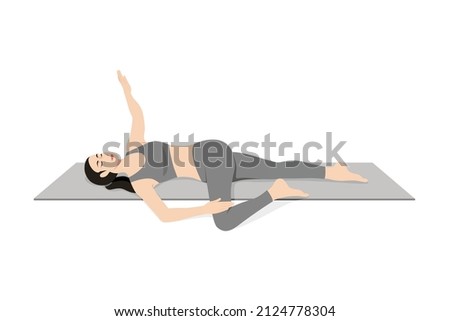 Supine Spinal Twist Pose I, Prasarita Merudandasana, Jathara Parivrtti, Supta Parivartanasana, Belly Twist, Reclined Spinal Twist Pose. Beautiful girl practice Supta Matsyendrasana I. Young attractive