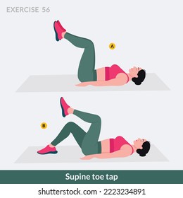 Supine toe tap exercise, Woman workout fitness, aerobic and exercises.