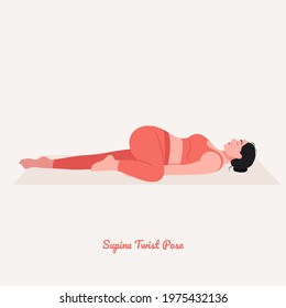 Supine Twist Yoga pose. Young woman practicing yoga  exercise. Woman workout fitness, aerobic and exercises. Vector Illustration.