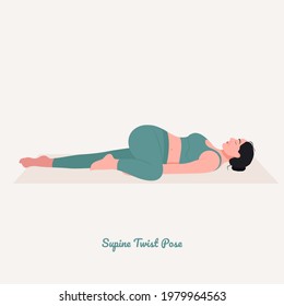 Supine Twist Yoga pose. Young woman practicing yoga  exercise. Woman workout fitness, aerobic and exercises. Vector Illustration.