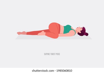 Supine Twist Yoga pose. Young woman practicing yoga  exercise. Woman workout fitness, aerobic and exercises. Vector Illustration.