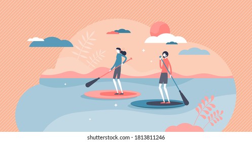 Das Aufstehen oder Stehen Padleboarding Wassersport Abenteuer winzige Person Konzept. Outdoor SUP Rudern mit Rudern in Fluss, See oder Meer Vektorgrafik. Aktives Paar Freizeit mit Hobby in der Naturszene.