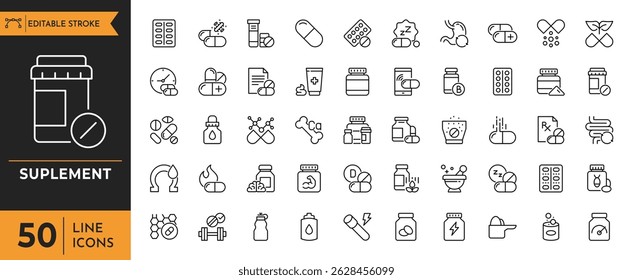 Suplement line icon set. Contains icons related to Vitamins and Nutritional Supplements. Editable stroke. Vector illustration