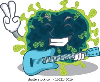 Supper cool beta coronavirus cartoon playing a guitar