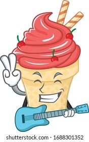 Supper cool cherry ice cream cartoon playing a guitar