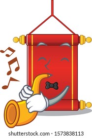 Supper cool chinese scrolls cartoon character performance with trumpet