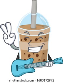 Supper cool chocolate bubble teacartoon playing a guitar