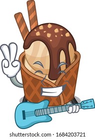 Supper cool coffee ice cream cartoon playing a guitar