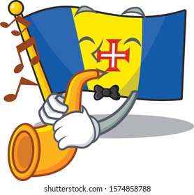 Supper cool flag madeira cartoon character performance with trumpet