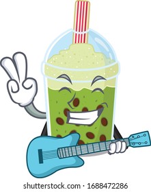 Supper cool matcha bubble tea cartoon playing a guitar