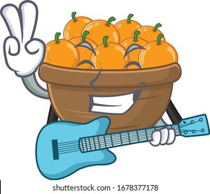 Supper cool orange fruit basket cartoon playing a guitar