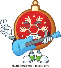 Supper cool red christmas ball cartoon character performance with guitar.