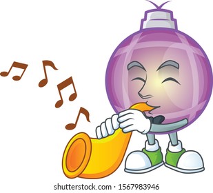 Supper cool yellow christmas ball cartoon character performance with trumpet.