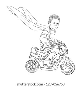 supper hero is a small child. a child on a motorcycle rides with a flying cloak. vector illustration on white background isolated