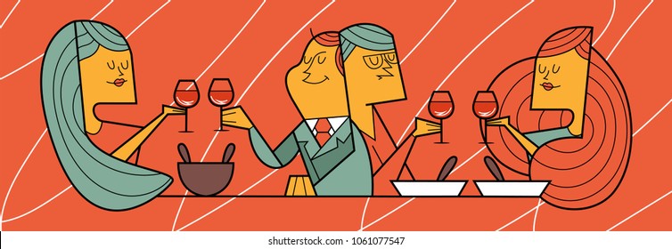 supper at restaurant, two couples over a glass of wine, vector illustration