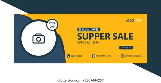 Supper sale post for FB cover or flyer design. Super sale label cover in purple and pink colour on cyan background. Discount voucher logo. Sale announcement banner for twitter. Get discount.