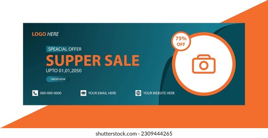 Supper sale post for FB cover or flyer design. Super sale label cover in purple and pink colour on cyan background. Discount voucher logo. Sale announcement banner for twitter. Get discount.