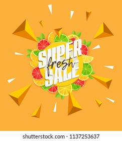 Supper sale template with typography and citrus fruits in circle, bright and juicy composition