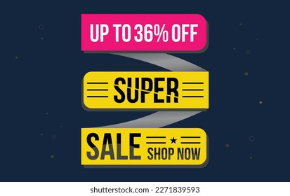 Supper sale vector design with 36% off and hanging colorful streamers in white background for store promotions and party celebrations