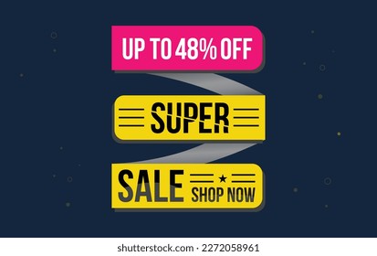Supper sale vector design with 48% off and hanging colorful streamers in white background for store promotions and party celebrations
