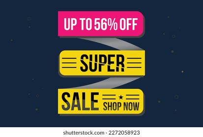 Supper sale vector design with 56% off and hanging colorful streamers in white background for store promotions and party celebrations