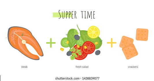 Supper time which consists of fish, salad and crackers. Isolated cartoon dishes. Doodle color set of ingredients and products for cooking