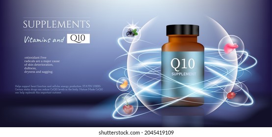 Supplement ads template, Q10 with product package. Deep sea background. 3D illustration.