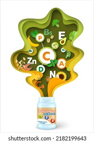 Supplement With Balanced Multivitamin And Mineral Complex Paper Cut Craft Art Vector Design. Multi Vitamin For Health Diet Advertising. Pharmacy Promotion. Plastic Bottle Package Design Mockup