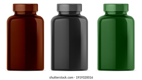 Botella de suplemento. 3d mofa de jarra de píldoras de vitamina. Embalaje farmacéutico aislado vectorial en blanco, marrón, negro. Frasco de cápsula de nutrición deportiva, diseño de plantilla en blanco ámbar, paquete complejo