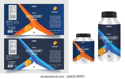 Supplement Bottle and Box Packaging Design Template with Editable Vector Mockup with Nutrition Facts and Modern Layout.