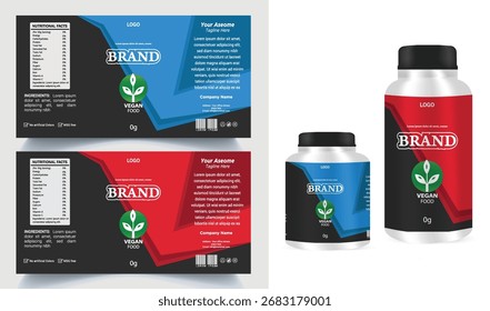 Plantilla de diseño de envases de botellas y cajas de suplementos con maqueta de Vector editable con información nutricional y diseño moderno.